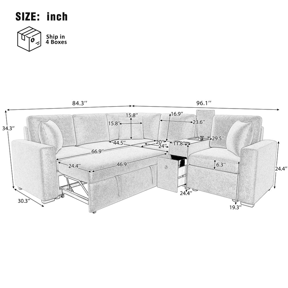 L-Shaped Modular Sectional Sofa with Pull-Out Bed, Chenille Convertible Sleeper Sofa Bed with Cup Holders & Multiple Storage