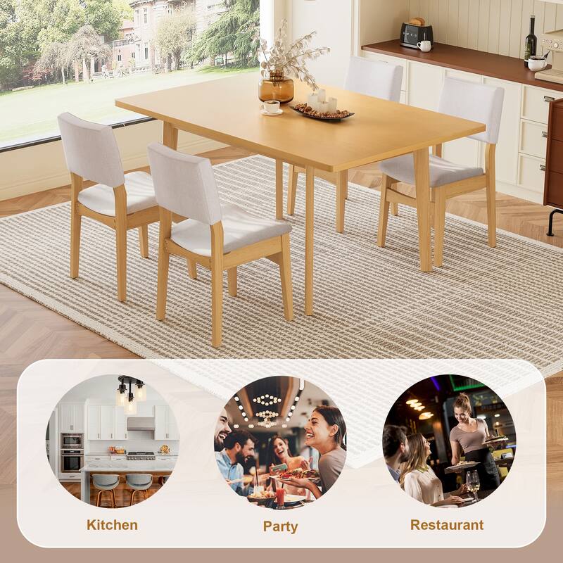 Roomfitters 5-Piece Modern Dining Set, Rectangular Kitchen Table with 4 Upholstered Linen Chairs, Solid Wood Legs