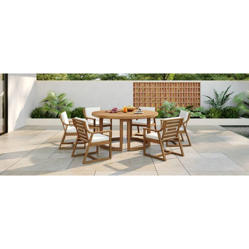 Round Patio Dining Table Set for 6 with Umbrella Hole Durable Acacia Wood Outdoor Furniture