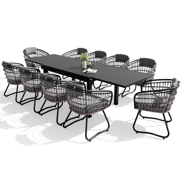 slide 2 of 9, VredHom 11PC Outdoor Patio Extendable Table Dining Sets Table with Rattan Chairs Table-Black&Chair-Grey