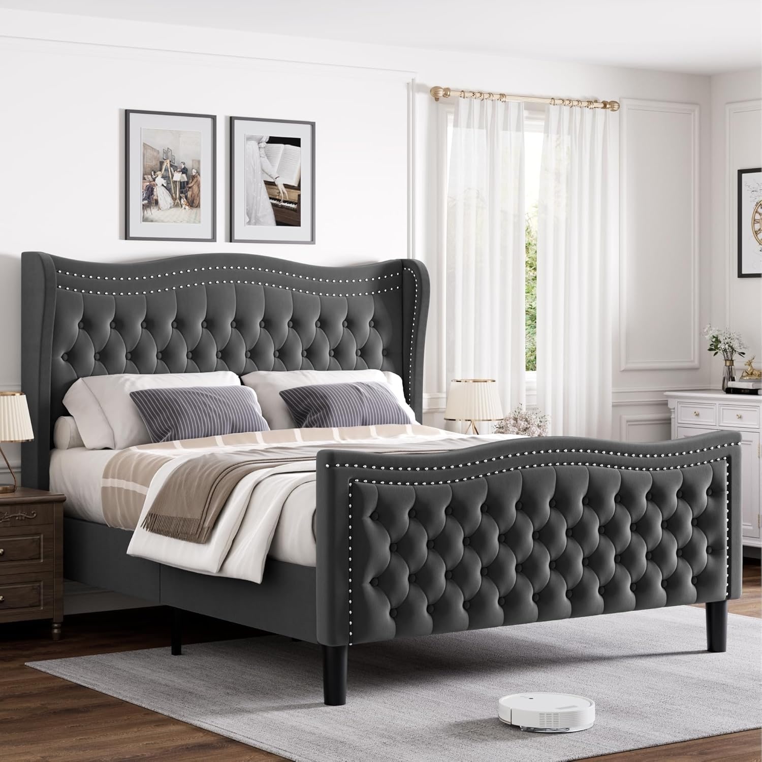 52 Inch Upholstered Platform Bed with Wingback Headboard, Velvet Tufted Design, Wood Slat Support, No Box Spring Needed, Gray