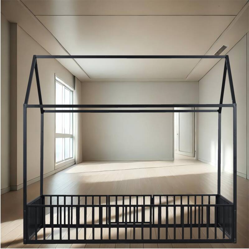 Creative House Design Twin/Full Size Metal Bed with Guardrails and Playful Fence - Ideal for Kids' Bedroom - Black - Twin