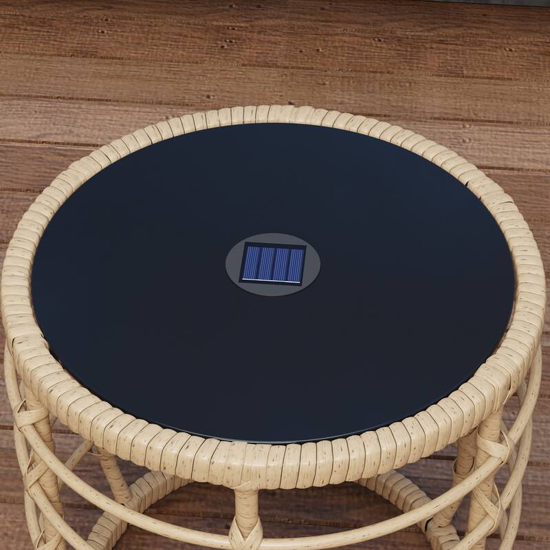 Topped Rattan End Table,Glass Top & Solar Ambient Light,Ideal for Outdoor Bar & Restaurant Ambiance