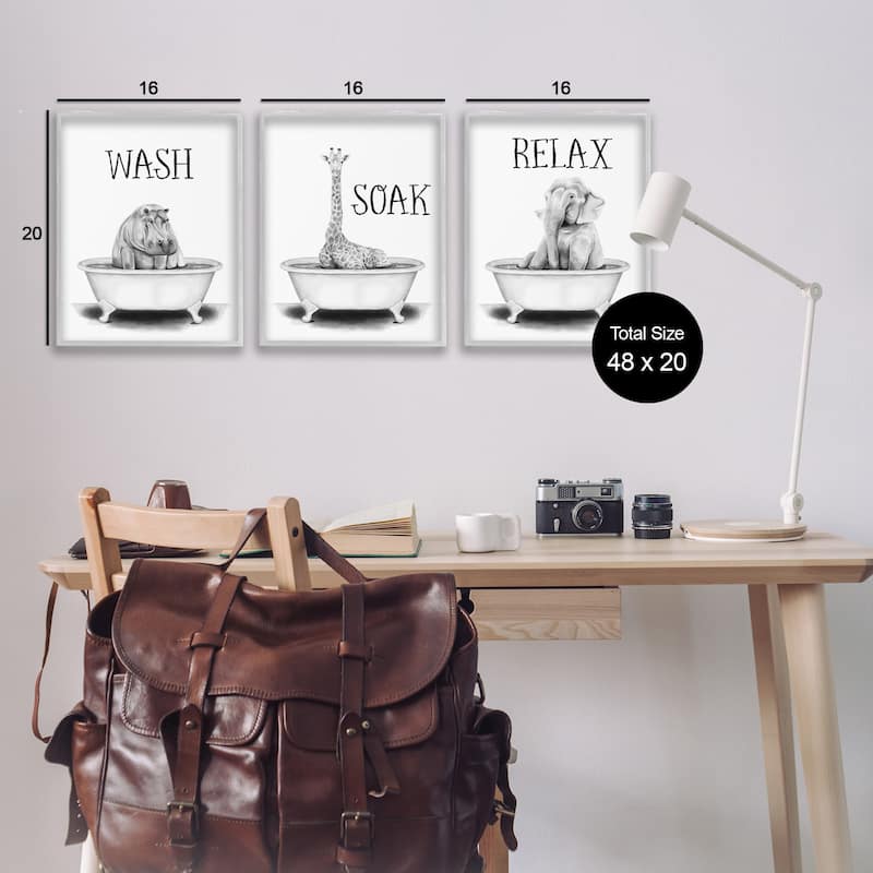 Stupell Wash Soak And Relax Jungle Animal Bath Tub, 3pc Multi Piece Framed Wall Art Set, 3pc Set