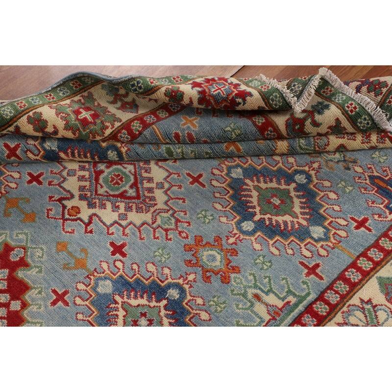 Light Blue Geometric Kazak Rug Living Room Hand-Knotted Wool Carpet - 5'0" x 6'7"