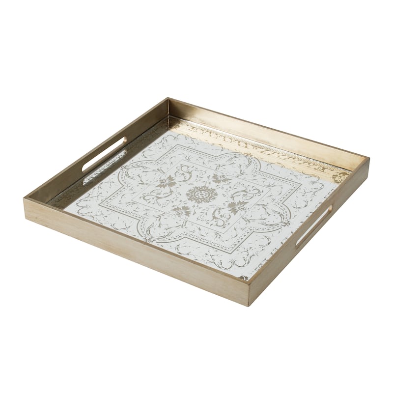 Miki 20 Inch Square Decorative Tray, Artisan Mirrored Floral Pattern, Gold - Gold