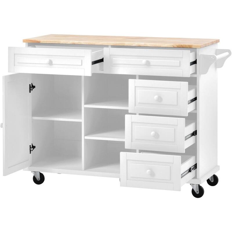 Rubber Wood Desktop Rolling Mobile Kitchen Island with 5 Drawers