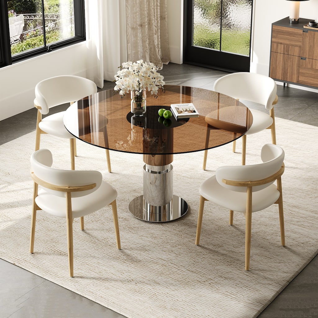 5 Piece Round Dining Table Set Tempered Glass Top Stainless Steel Base 4 Chairs