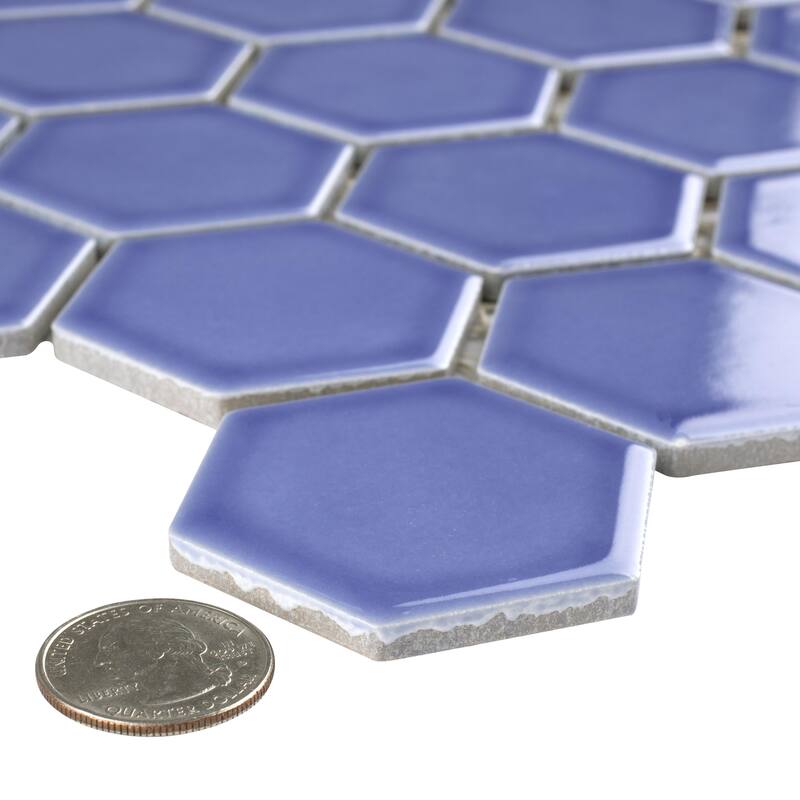 Merola Tile Tribeca 2" Hex Glossy Periwinkle 11-1/8" x 12-5/8" Porcelain Mosaic Floor and Wall Tile