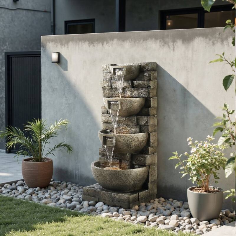 Gray 4-Layer Outdoor Water Fountain for Patio Garden Yard with Soothing Flow and LED Lighting - 15.16 x 13.19 x 35.63 in