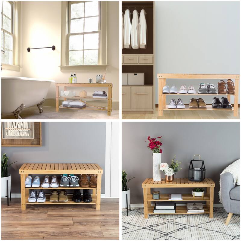 2-Tier Shoe Storage Rack - Bamboo Bench with Seat and Bottom Shelf by Lavish Home (Natural)