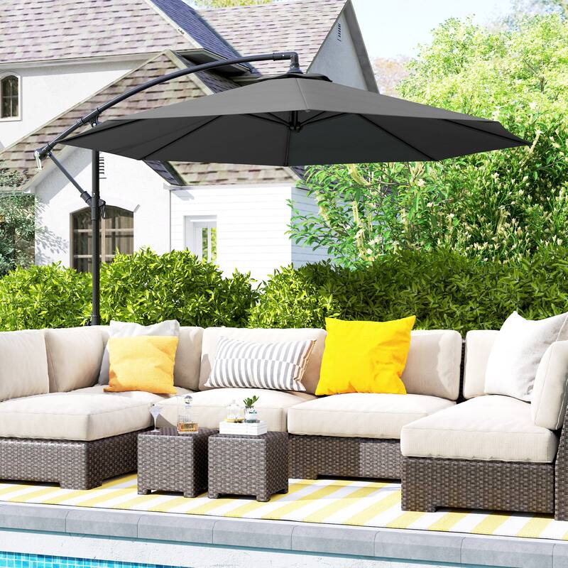 10ft UV and Water-Resistant Polyester Fabric Offset Patio Umbrella with Adjustable Crank and Stable Base - Dia.116.1" x 98.4"H