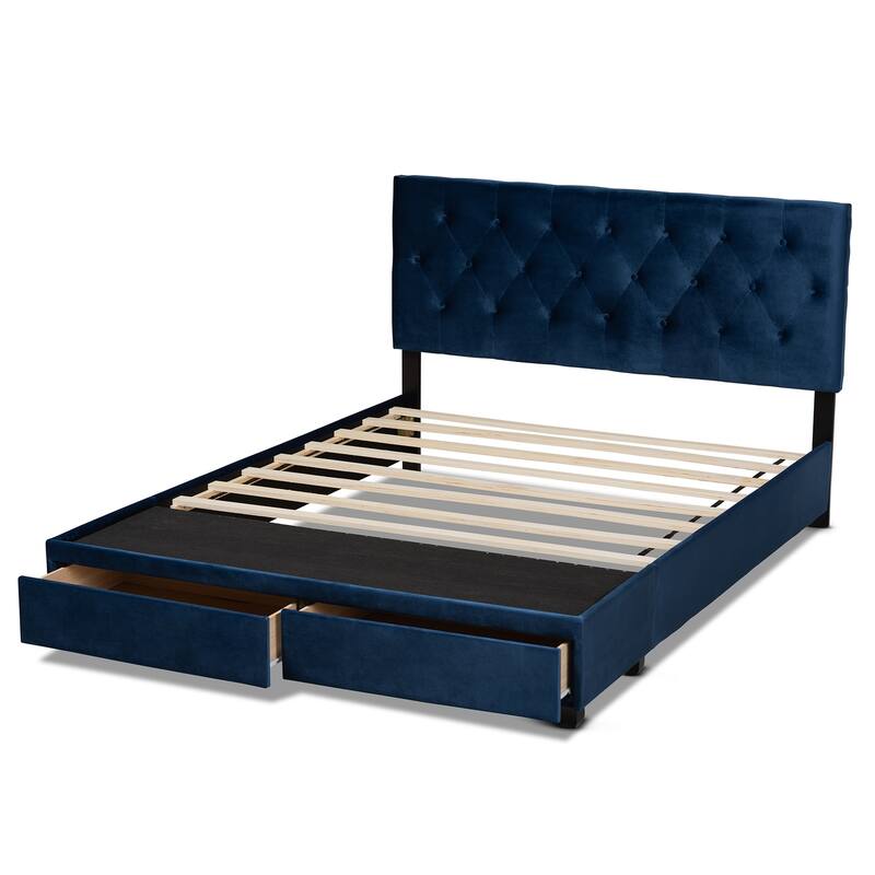 Navy Blue Velvet Queen Bed with Storage Modern Platform Bed Frame, 2 Drawers, Headboard Included
