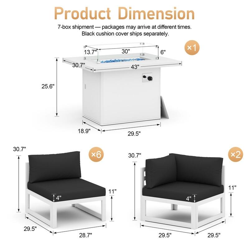 FINCATI Luxury 9-piece Oversized Aluminum Patio Furniture Set with 43'' Fire Pit Table for Outdoors