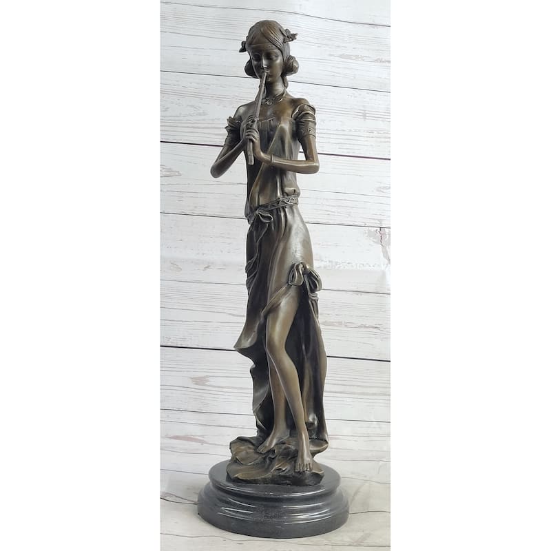 Girl Playing The Flute Female Musician Bronze Sculpture Statue Figure On Marble Base