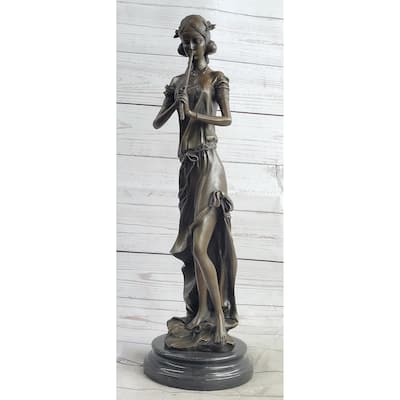 Girl Playing The Flute Female Musician Bronze Sculpture Statue Figure On Marble Base