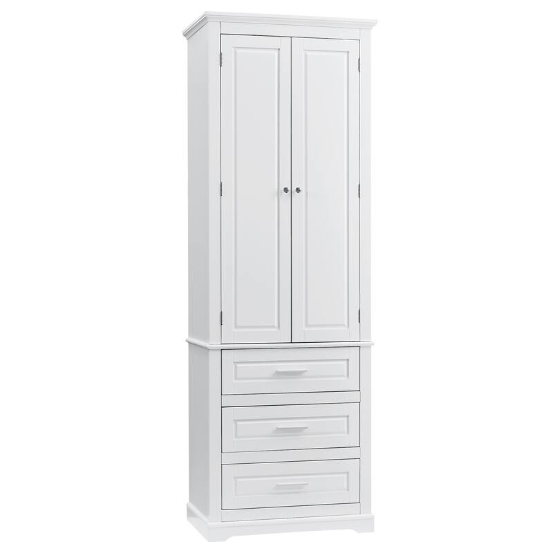 Roomfitters 64" Tall Bathroom Storage Cabinet, Modern MDF Linen Tower with 3 Large Drawers & Adjustable Shelves, White