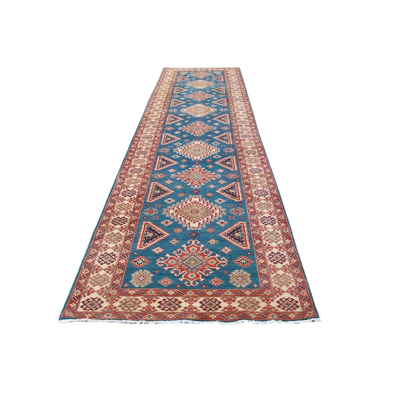 Rustic Kazak Katrina Blue/Natural Wool Runner - 4'0'' x 16'2''