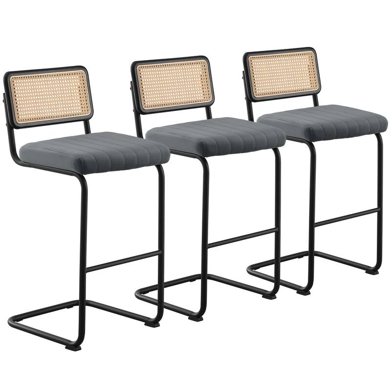 Velvet Upholstered Rattan Counter/Bar Stools, Set of 2/3 - Set of 3 - 30" Grey