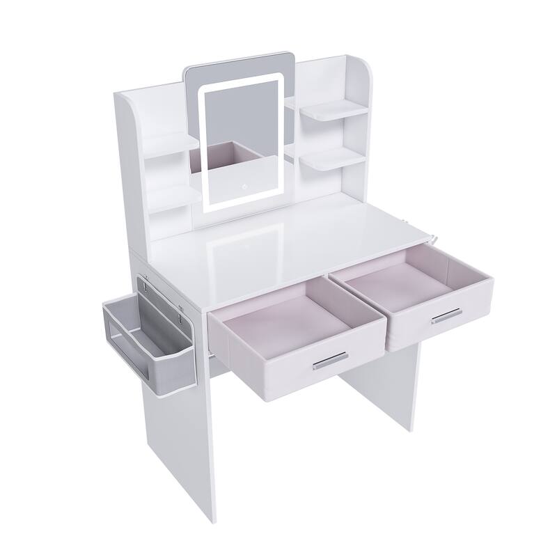 Vanity Desk with LED Light Mirror, 3-Color Adjustable Light Strips, Dressing Table with Hair Dryer Stand & 2 Large Drawers