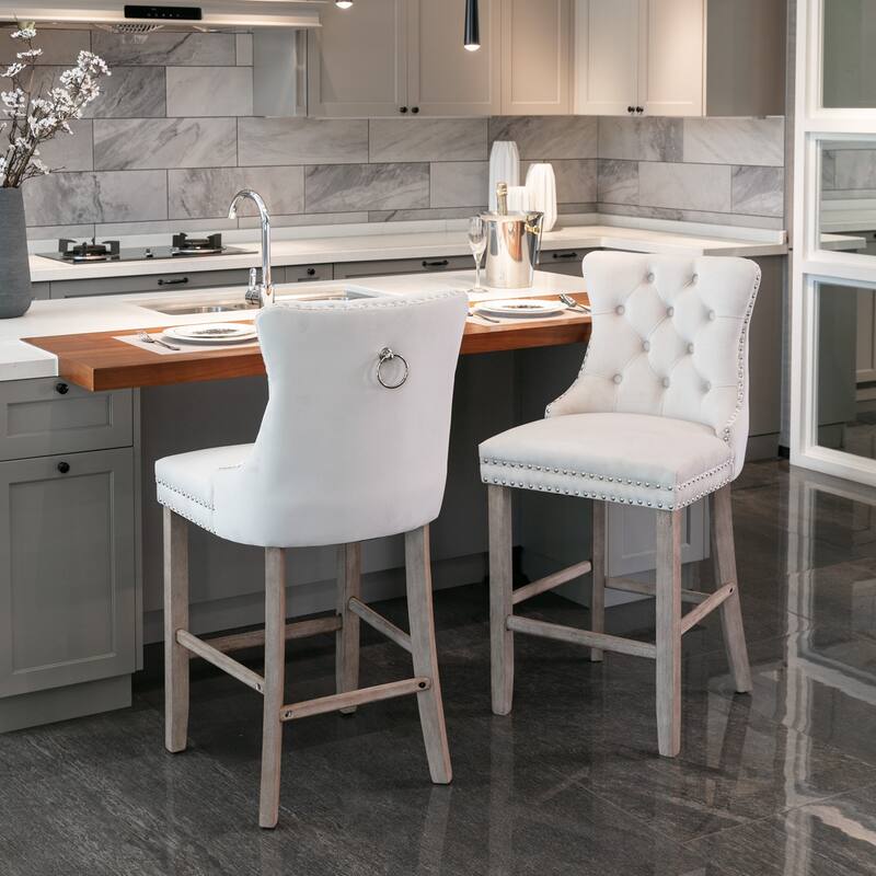 Contemporary Velvet Upholstered Barstools With Button Tufted Decoration And Wooden Legs