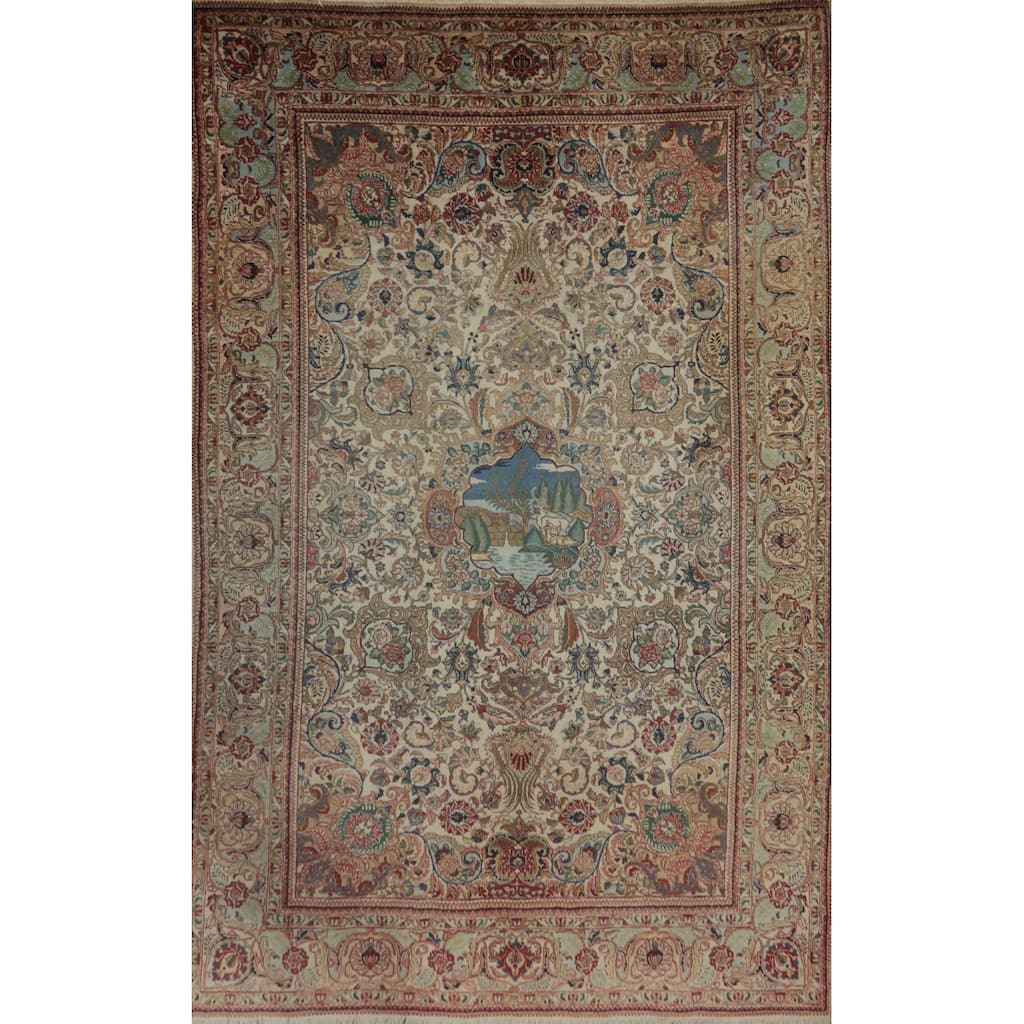 Hand Knotted Oriental 100% Wool Carpet Traditional Floral Beige & Ivories Tabriz Area Rug - 9' 4'' X 6' 0''