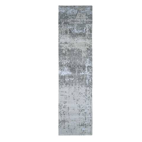 Shahbanu Rugs Denser Weave Persian Knot with Abstract Design Wool and Silk Gray Hand Knotted Runner Oriental Rug (2'5" x 10'3")