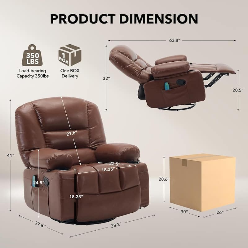 360° Swivel PU Leather Massage and Heating Rocker Recliner Chairs for Living Room, Bedroom