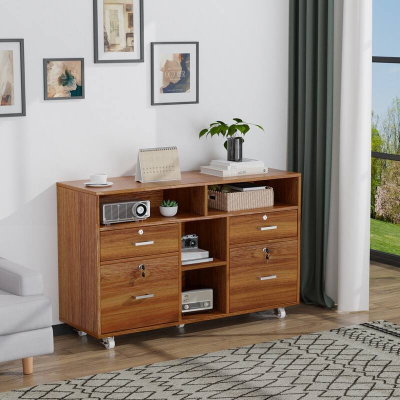 File Cabinet 4 Drawer Wood Mobile Lockable Rolling with Shelves