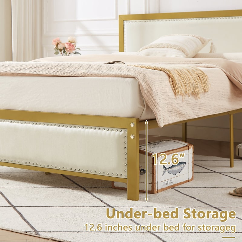 VECELO Bed Frame with Upholstered Linen Headboard and Footboard Heavy-Duty Platform with Strong Metal Slats