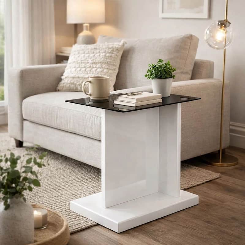 Liam 22 Inch Square Side End Table, White Wood, Pedestal Base, Glass Top