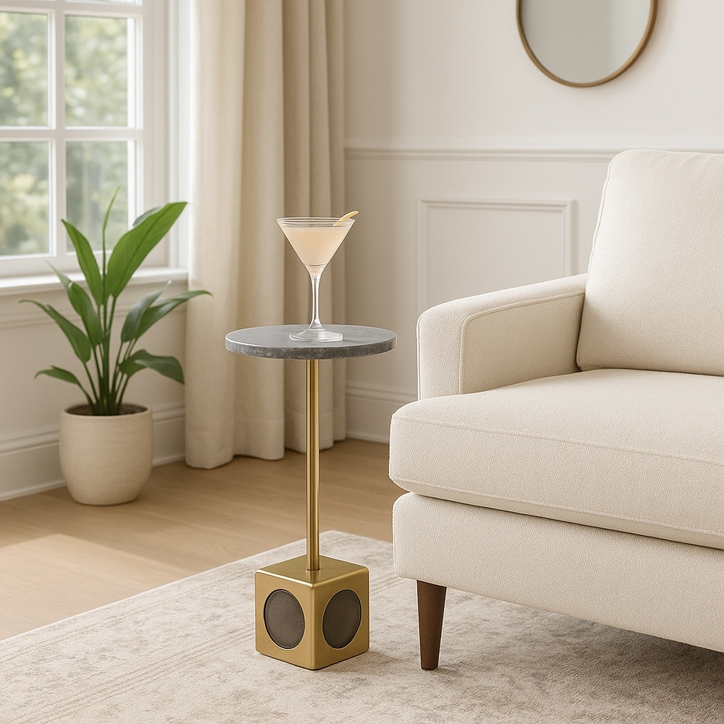Stone Surface End Table with Cube Base - 24", White & Gold - 24.0"