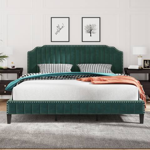 King Size Modern Velvet Curved Upholstered Platform Bed, Solid Wood Frame, Solid Wood Slat Support, Nailhead Trim, Green Life