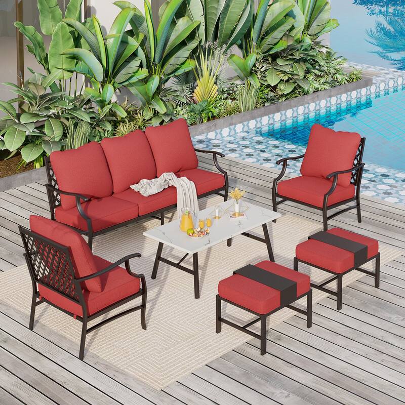 MAISON ARTS 6/7-Piece Patio Conversation Sets, Sofa Set with 2/4 x Single Chairs, 1 x 3-seater Sofa and Coffee Table/Ottomans - Set 1 - Red