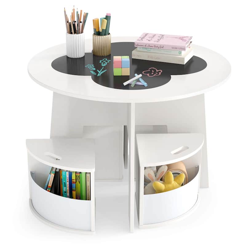 5 Pieces Kids Table and Chairs Children Round Table w/ Storage Stools - White