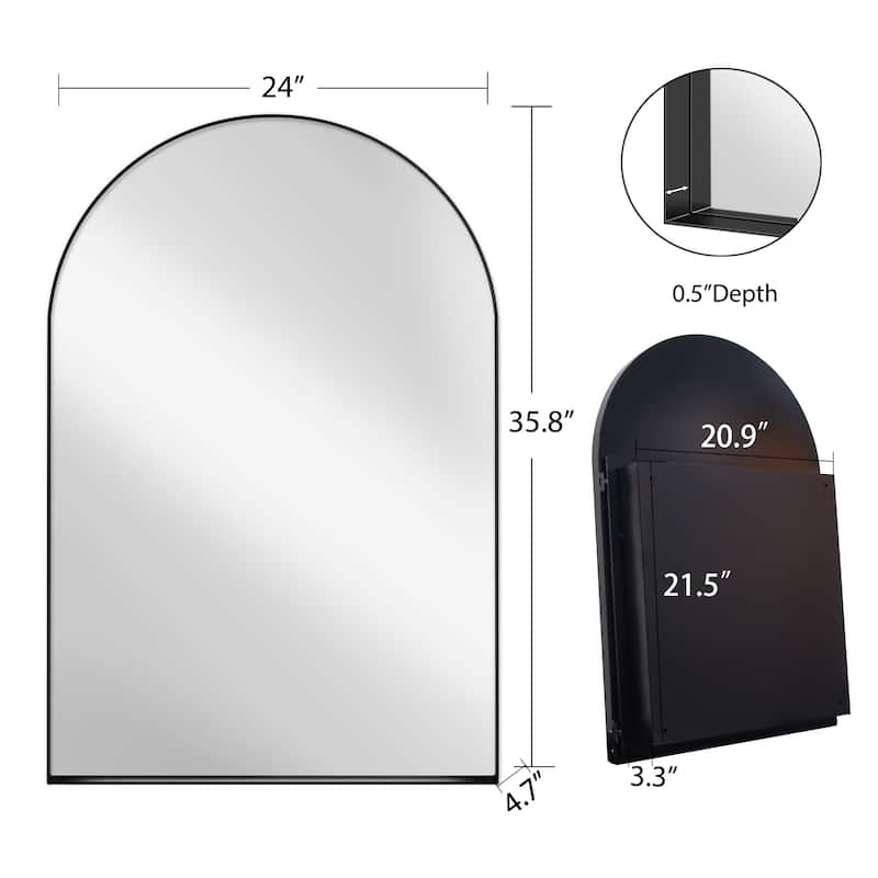 Arched Metal Framed Bathroom Mirror Cabinet, 24x36 Inch Wall Mounted or Recessed Medicine Cabinet with Storage