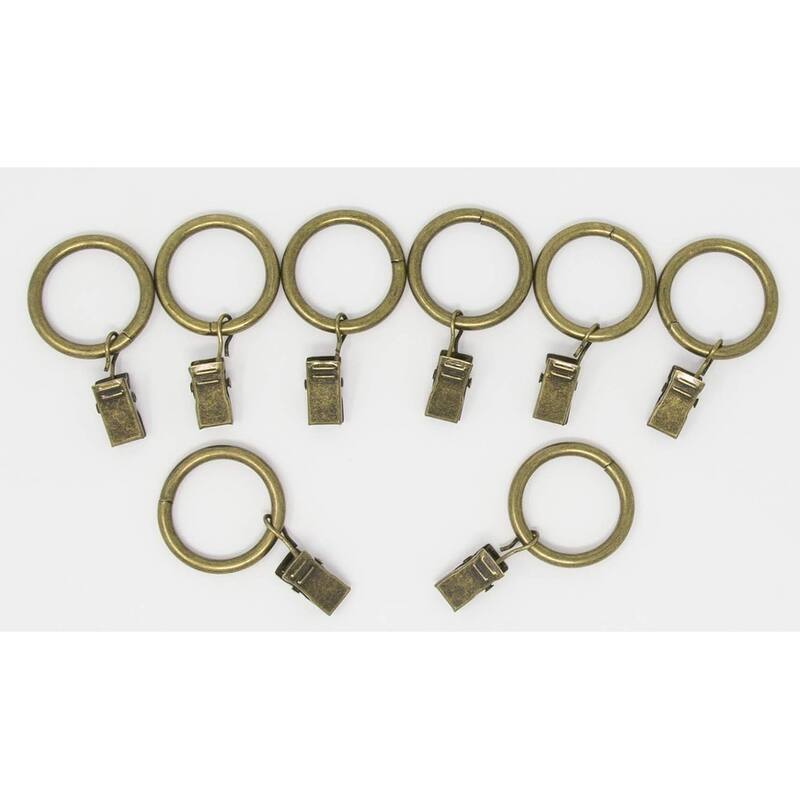 Metal Curtain Drapery Rings with Clips, 8 Pk, 1-inch Inner Diameter, Fits up to 3/4 Inch Rod - Antique Brass