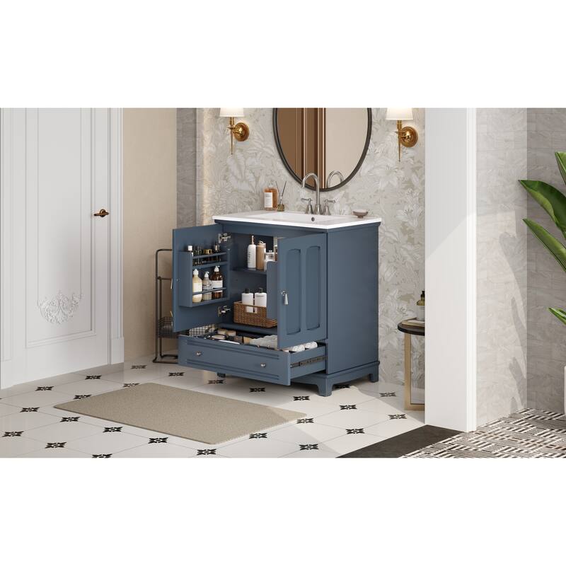 Bathroom Vanity with Ceramic Sink, Bathroom Sink Cabinet with Adjustable Shelf & Drawer Divider, Wooden Bathroom Storage Cabinet