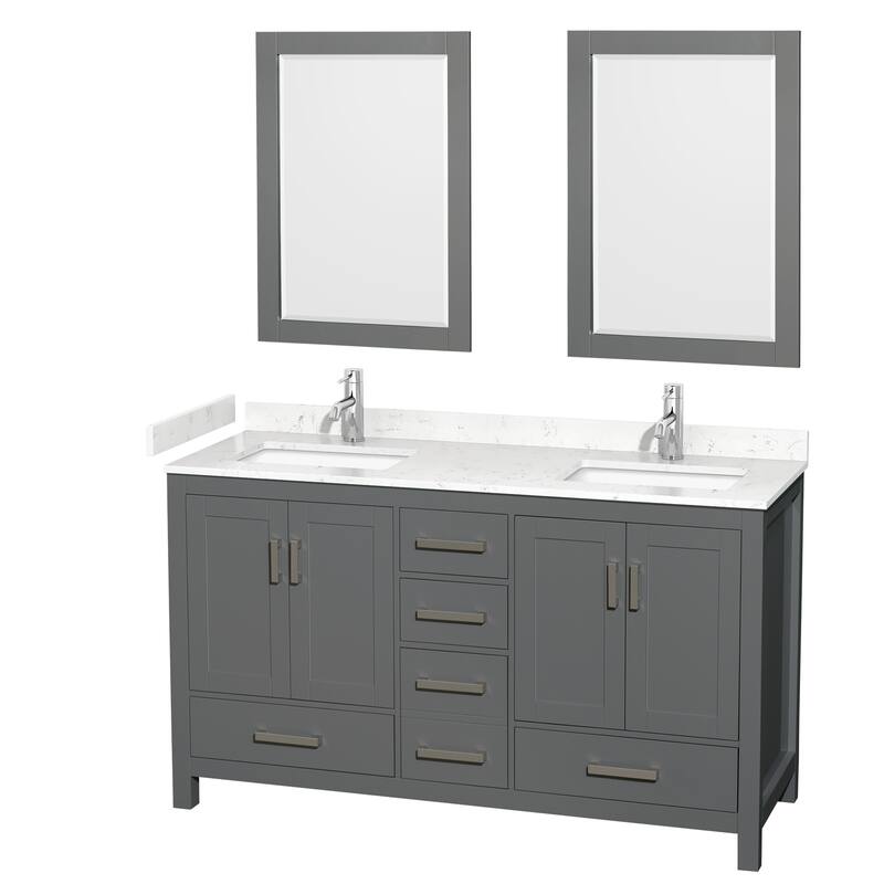 Sheffield Double Bathroom Vanity Set, Cultured Top, 24-Inch Mirrors - 60-Inch Double - Dark Gray, Carrara Cultured Marble Counter