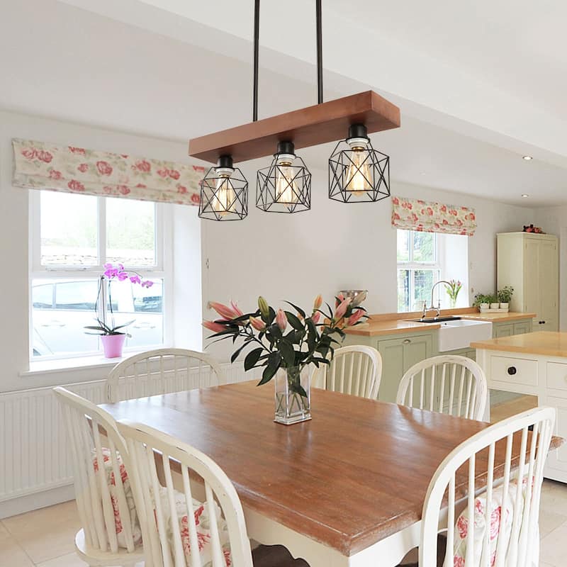 Anmytek Rustic Wood Metal Chandelier Kitchen Island 3-Light Fixture Adjustable Hanging Linear Chandelier for Dining Room