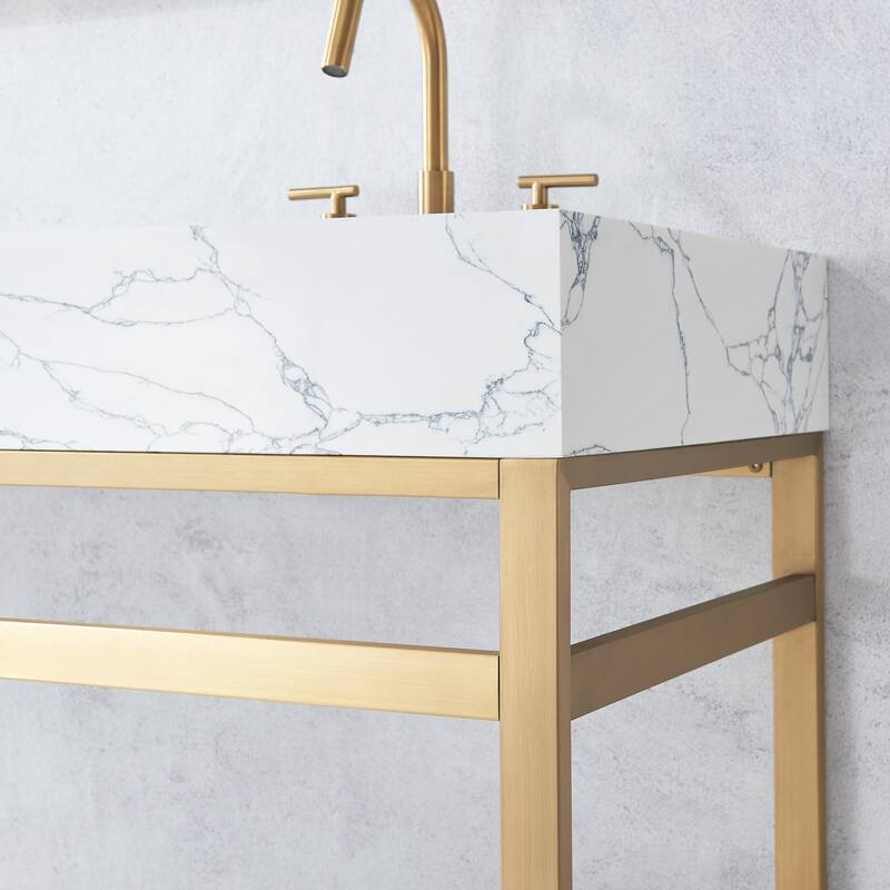 Ecija Bath Vanity, Metal Support with Composite Stone Top and Mirror