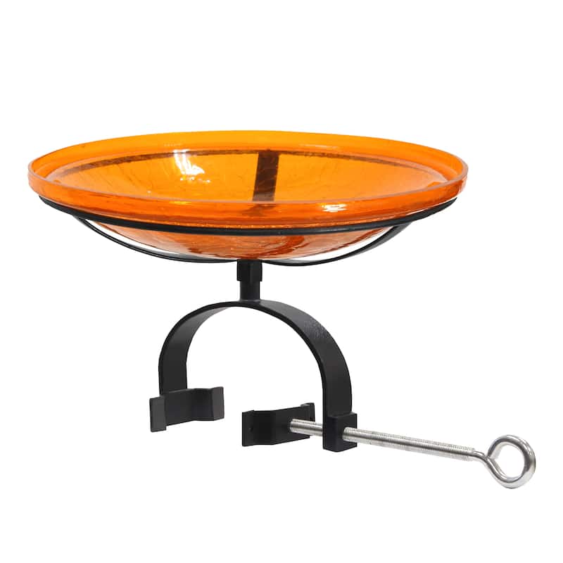 Achla Designs 14"Dia. Round Crackle Glass Birdbath w/Black Wrought Iron Over Rail Bracket - Orange