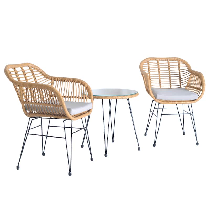 3 Pieces Outdoor Rattan Chair Conversation Sets with Glass Top Table