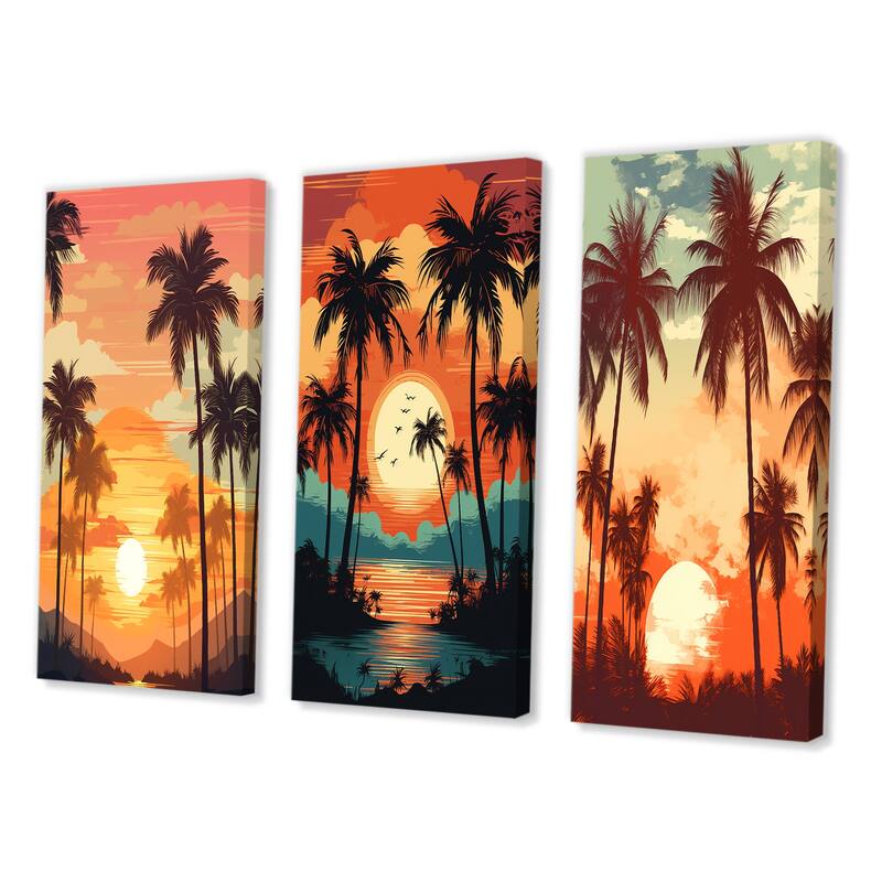 Designart "Sun Setting over Palm Trees Retro Illustration II" Meadow Yellow - Printed Art Set Of 3 For Bedroom