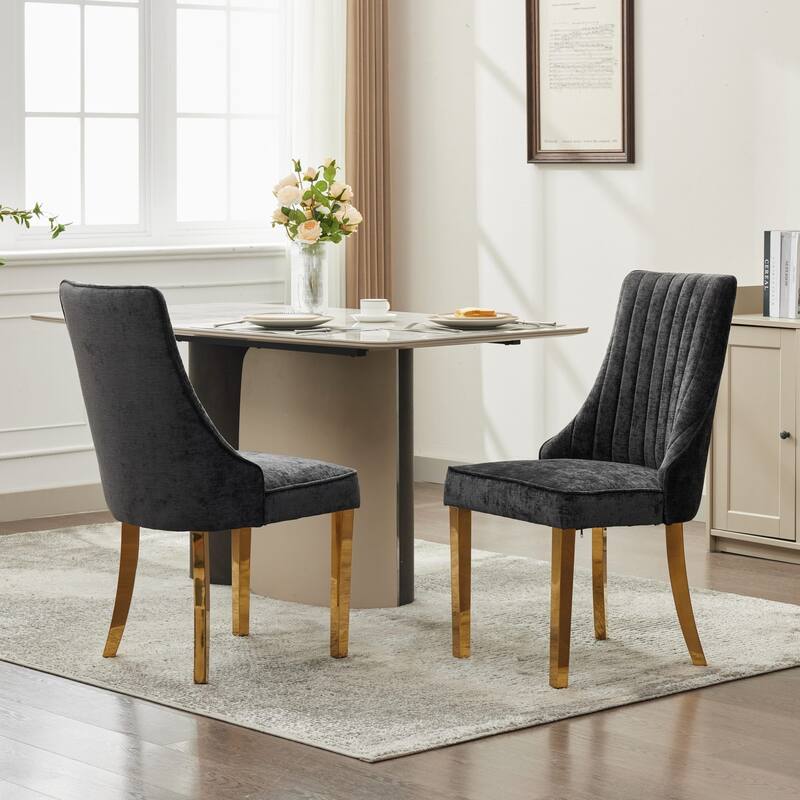 GDF Studio- Rayon Chenille Upholstered Dining Chair with Tufted Back & Golden Metal Base, Set of 2