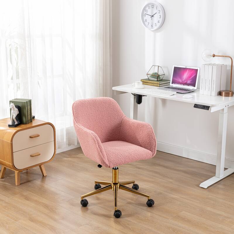 Teddy Fabric Home Office Chair with Metal Legs, Swivel Task Chair with Wheels, Upholstered Armchair with Adjustable Height - N/A - Pink Teddy