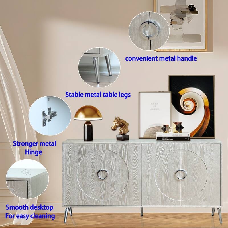 Modern Champagne Silver Lacquered 4-Door Sideboard Buffet with Adjustable Shelves, Engineered Wood Storage Cabinet