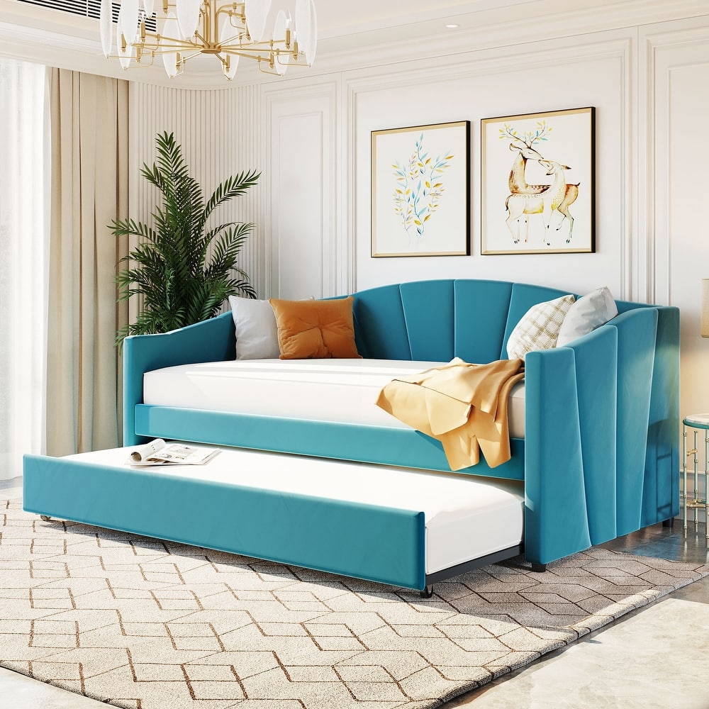 Upholstered Daybed Sofa Bed with Trundle and Wood Slat