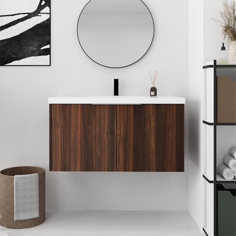 Bathroom Vanity With Sink In 24/30/36 Inch, Floating Bathroom Vanity With Soft Close Door - 35.4"W x 18.1"D - California Walnut