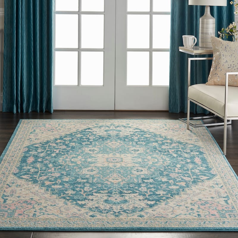 Nourison Tranquil Persian Vintage Oushak Area Rug - 5' 3" x 7' 3" - Ivory/Turquoise - Runner/Rectangle